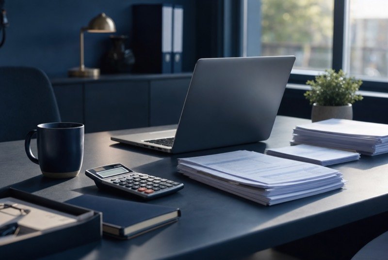 Neat workspace where binders are piled beside a calculator and an open laptop, typical of the insurance industry