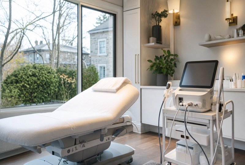 Softly lit aesthetics room: white padded bed, skincare machine on a rolling cart, tidy shelving