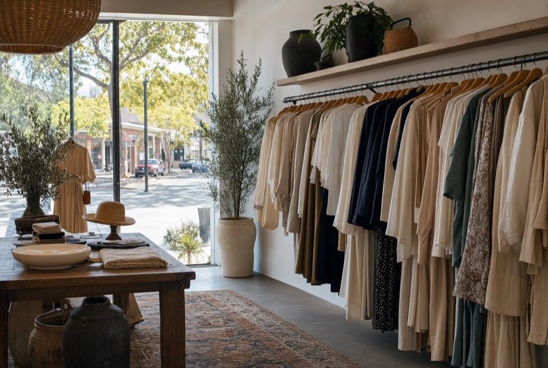 A small boutique with a curated clothing rail and a wooden display table in soft daylight