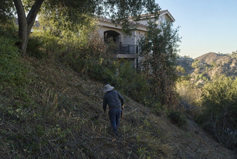 A landscaper in gloves and a hat cutting back dry brush on a sloped lot below a house, routine work in the landscaping industry