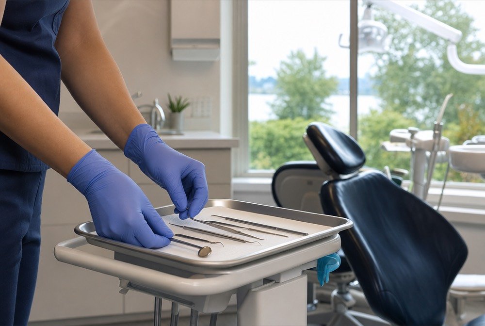 Gloved hands setting dental instruments out in rows before the next patient