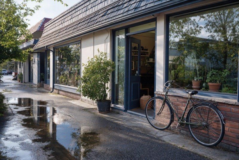 An independent shopfront in a small open plaza on a bright day
