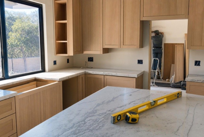 A kitchen mid-remodel with new pale wood cabinets and a tape measure and level on the counter
