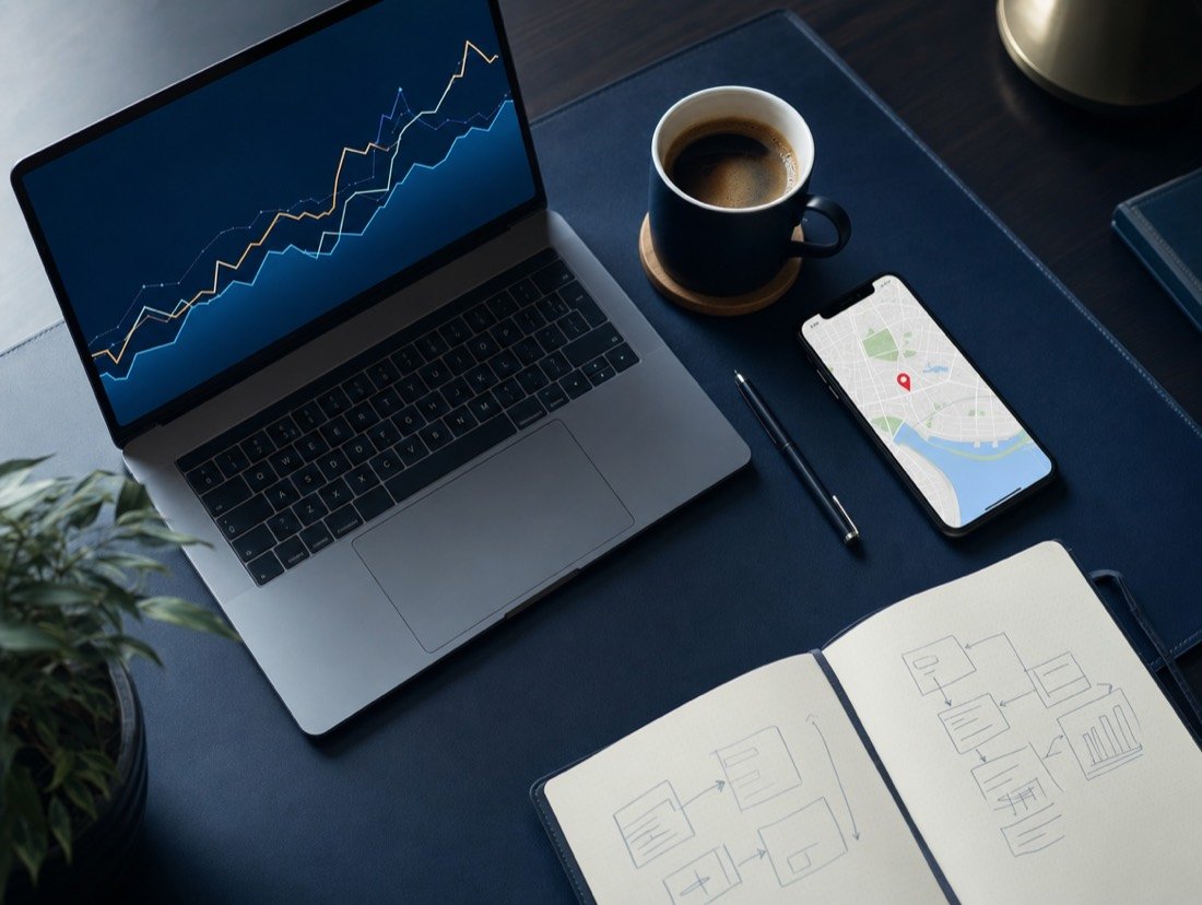Dark desk set with a laptop graph, a phone map, a cup of coffee and a notebook lying open