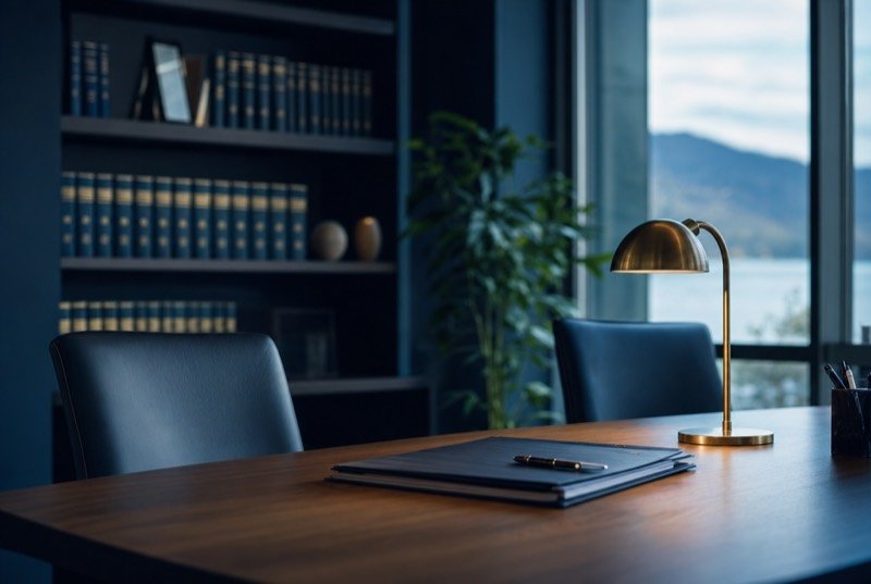 Attorney’s study with a lamp on a wood desk, rows of bound volumes and hills through the window