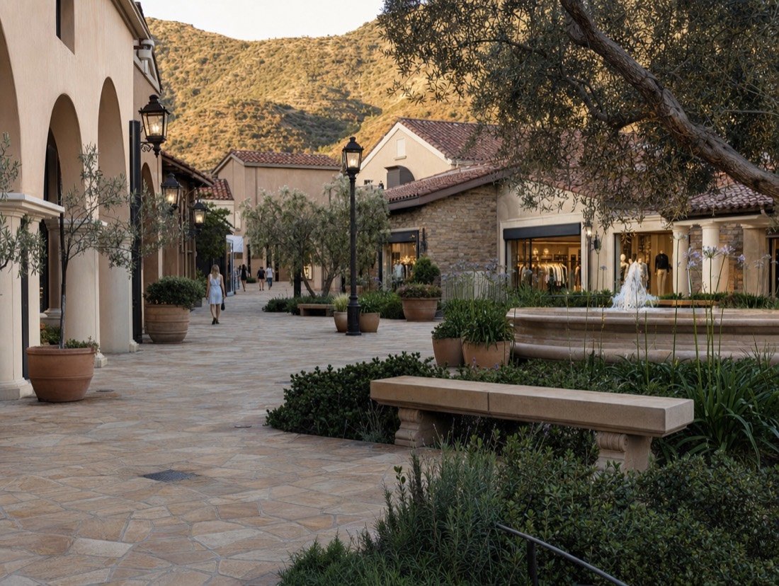 An open-air shopping plaza with warm stone paving, terracotta roofs, arched walkways, olive trees in planters and a low fountain