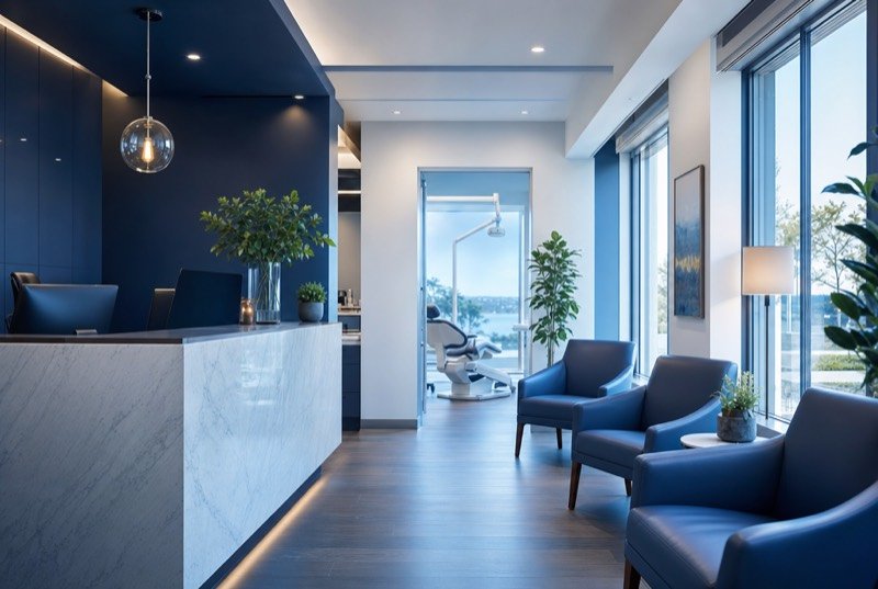 Dental office waiting area with a curving front desk and a row of blue seats