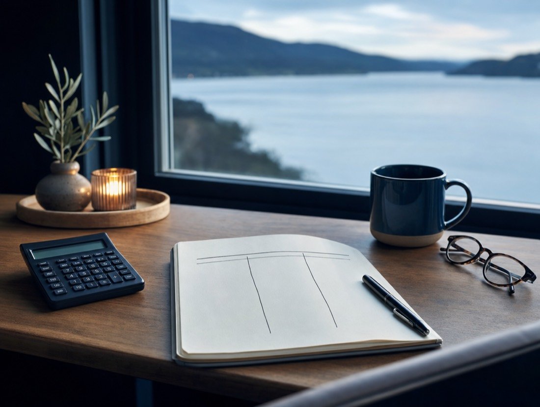 Budget notes, a calculator and a mug on a windowsill table, water and hills in the distance