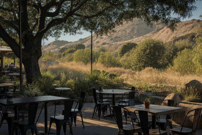 Empty restaurant patio tables shaded by a large oak, with golden hills blurred behind