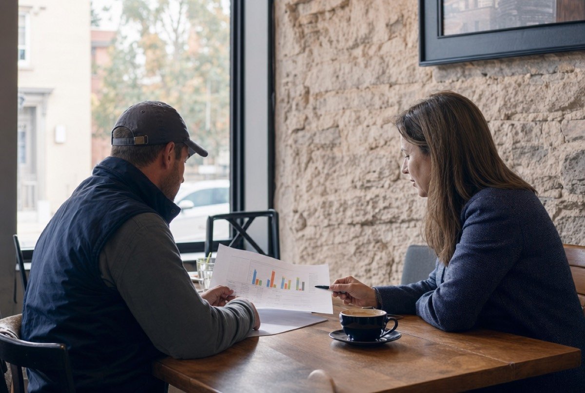 Owner and consultant turning pages of a printed SEO report at a café beside weathered stonework