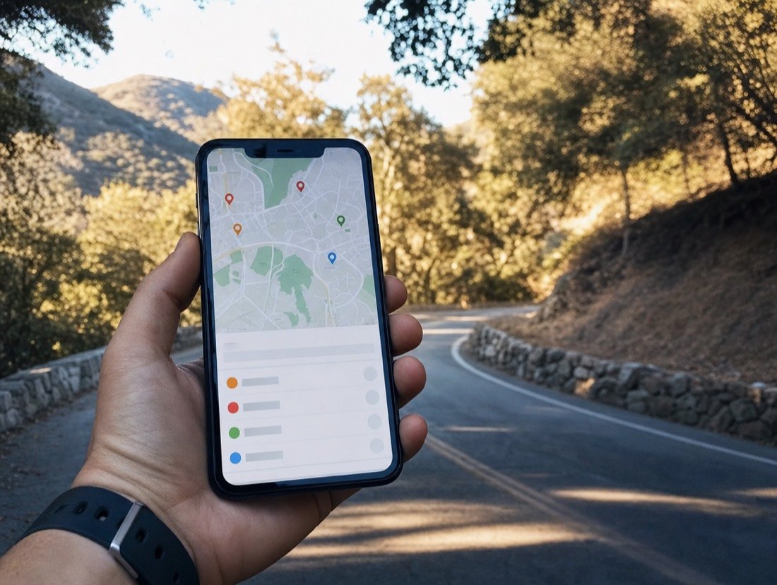 A hand holding a phone with map pins and local results, a two-lane road lined with oaks and a low stone wall blurred behind
