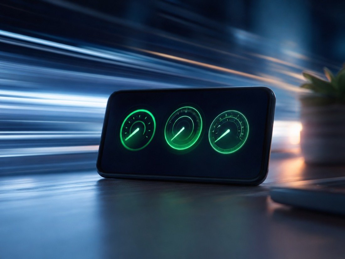 Handset displaying three green performance dials, the background streaked with motion