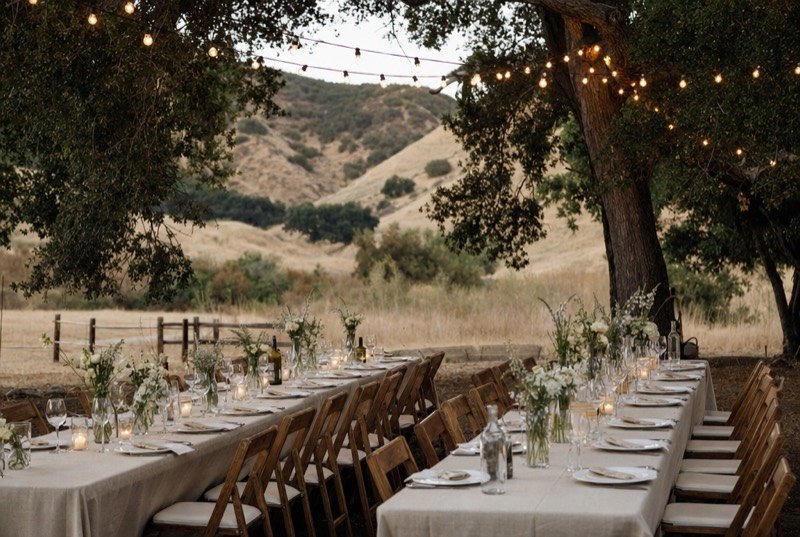 Long linen-covered dinner tables with simple flowers under old oaks, dry golden hills behind, a wedding industry setting