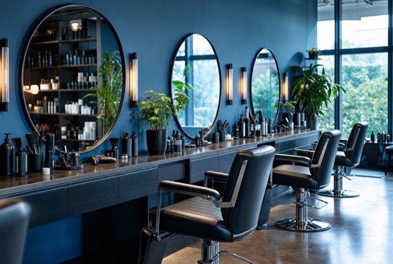 A beauty industry workspace: a hair salon with blue walls, round mirrors and styling chairs