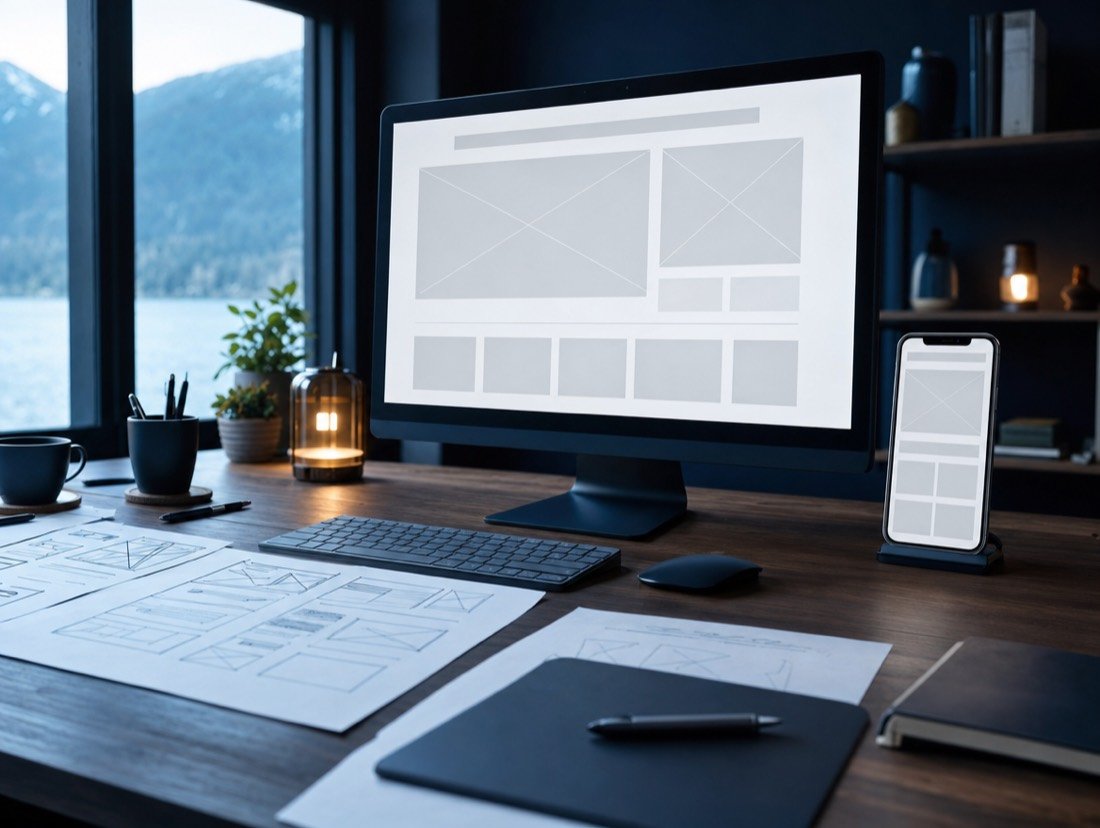 Draft page layouts shown on a desktop display and a handset, paper sketches beside them and hills beyond the glass