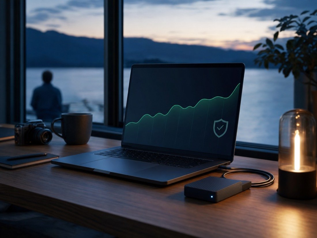 Evening desk with a laptop showing a shield icon and uptime graph next to an external backup drive
