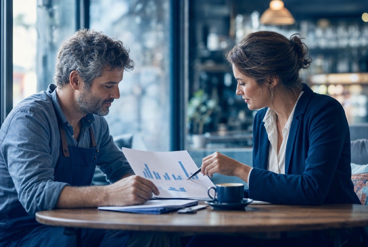 Two people at a café table marking up a printed report between coffee cups